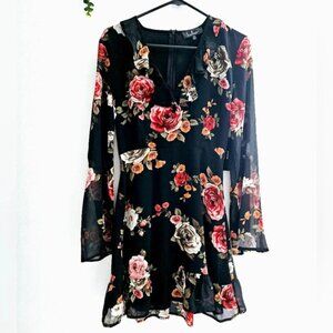 Nwt Lulu s Floral Midi Flared Sleeve Back Zip Linned Chiffon dress Sz  M